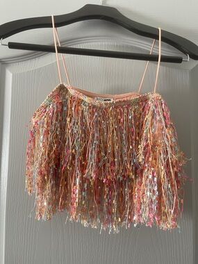 Peach Multicolor Fringe Crop Top with Spaghetti Straps
